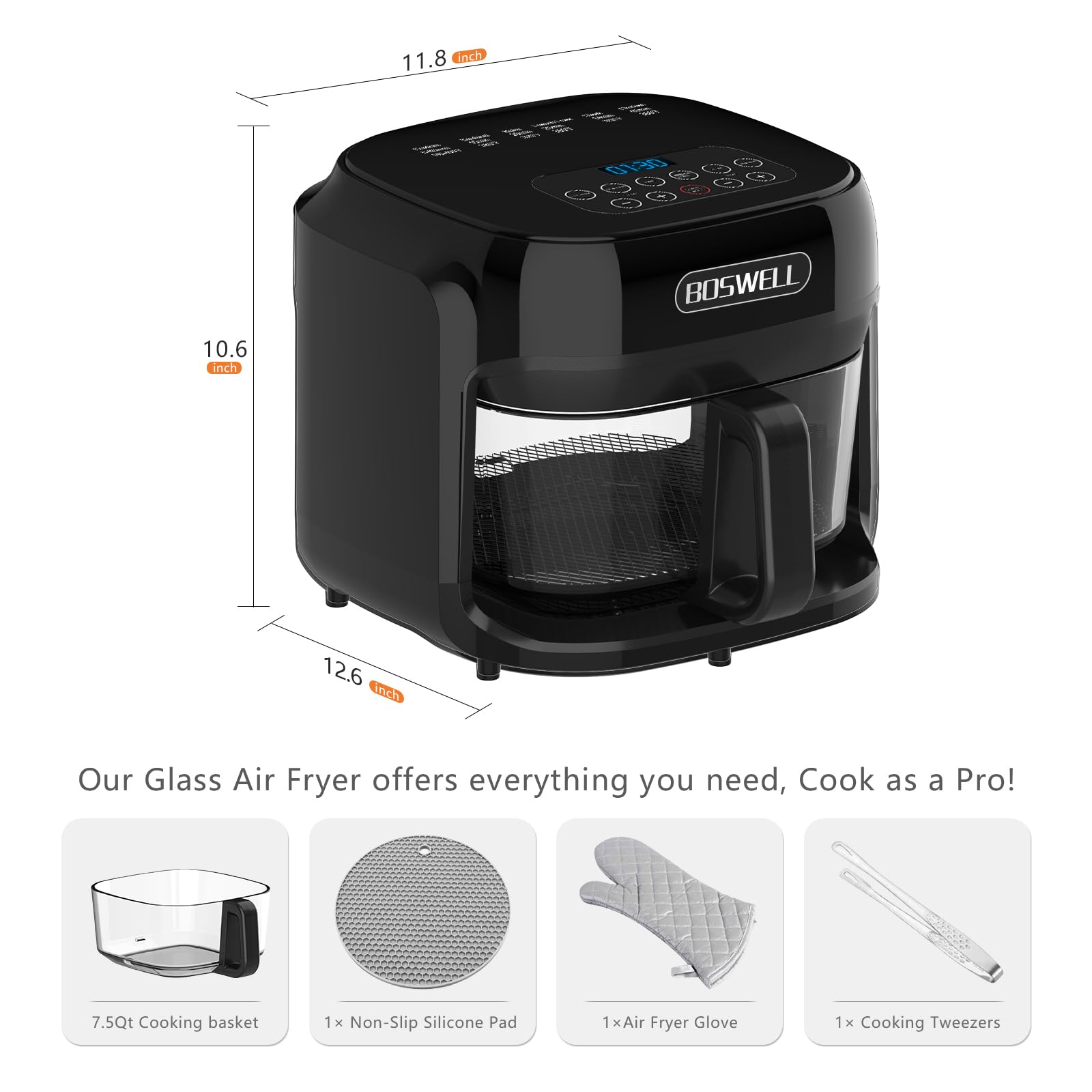 Glass Air Fryer with Transparent Bowl