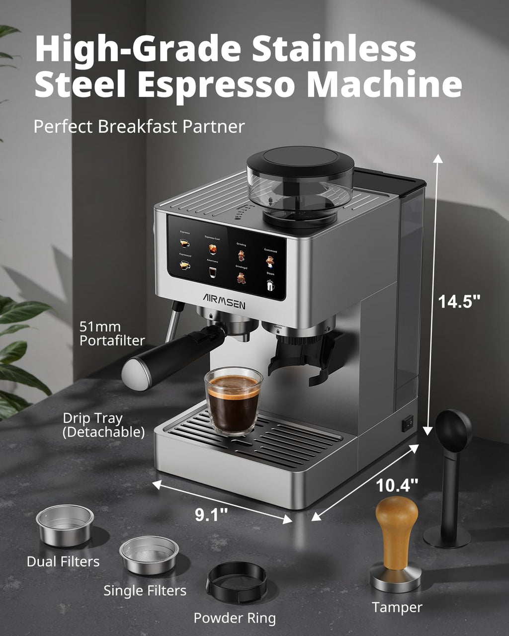 20 Bar Espresso Machine with Burr Grinder & Milk Frother